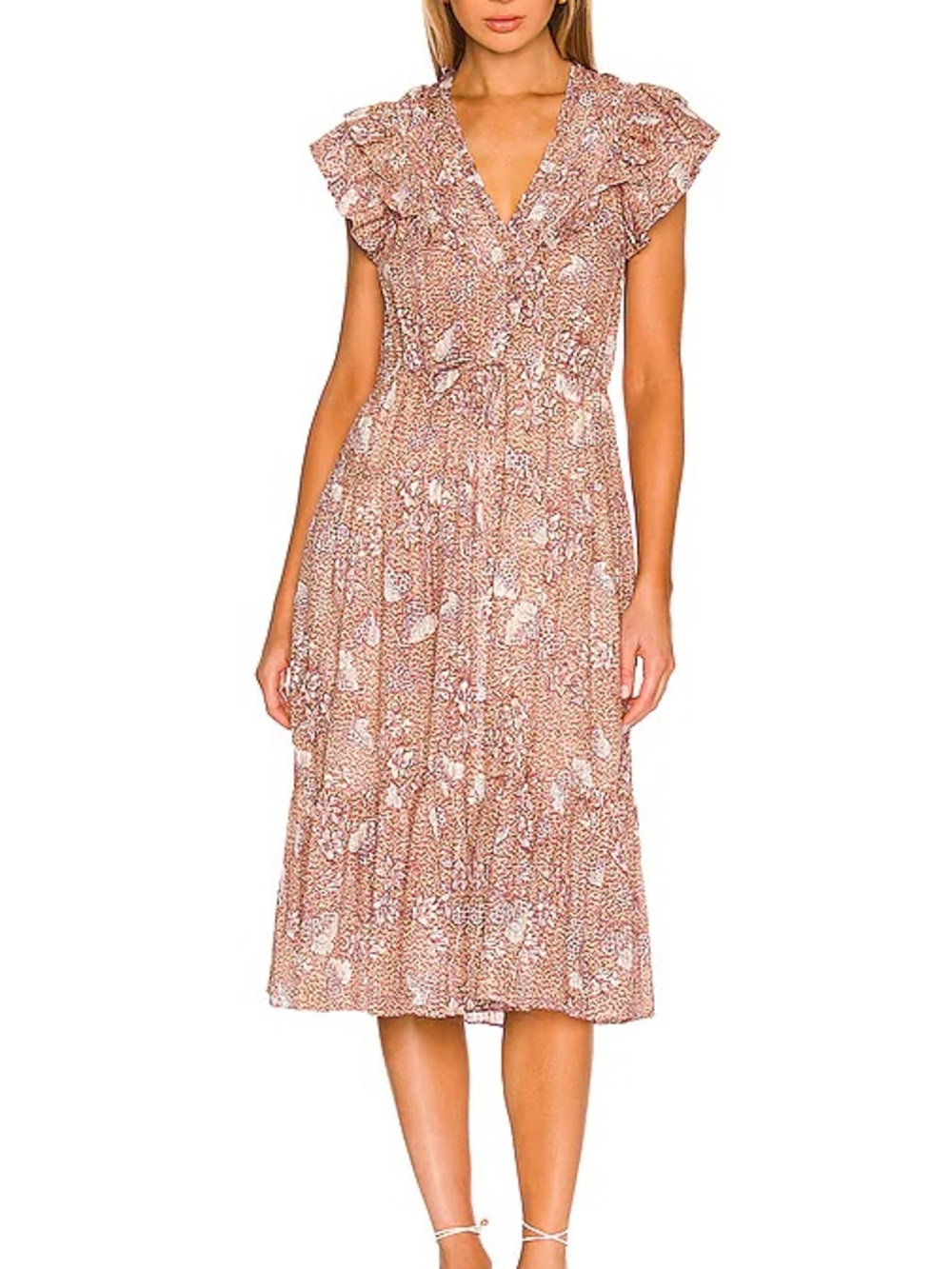 Ulla Johnson Blush Floral Ruffle V-Neck Midi Dress